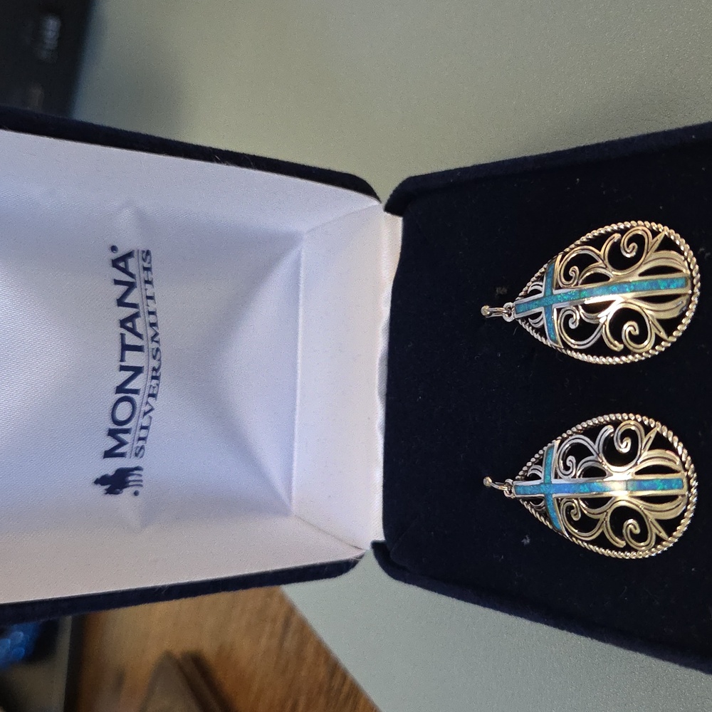 Montana Silversmiths Silver and Blue Filigree Cross Earrings - Picture 2 of 4